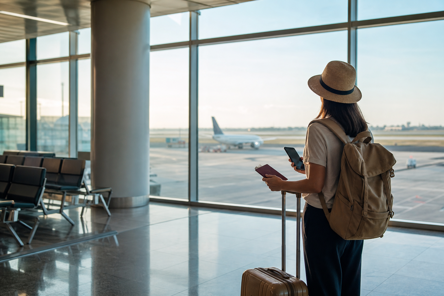 Traveler at a bright airport terminal